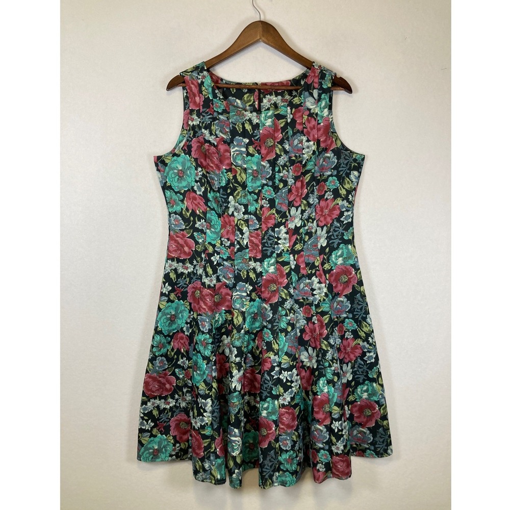 Floral Cottagecore Koret Women 14P Black Red Teal Pleated Fit Flare Dress P12657